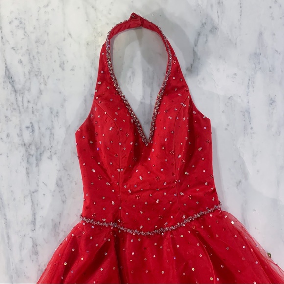 Red Fit Flare Halter Cocktail Homecoming Dress - Picture 2 of 8